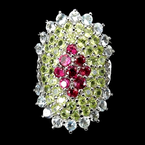 Natural Rhodolite Garnet, Aquamarine, Peridot 925 Sterling Silver Ring 8 - Picture 1 of 3